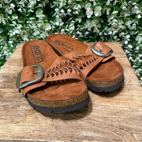 Earth Brown Woven Sandals with Buckle Accents - Picture 2 of 12